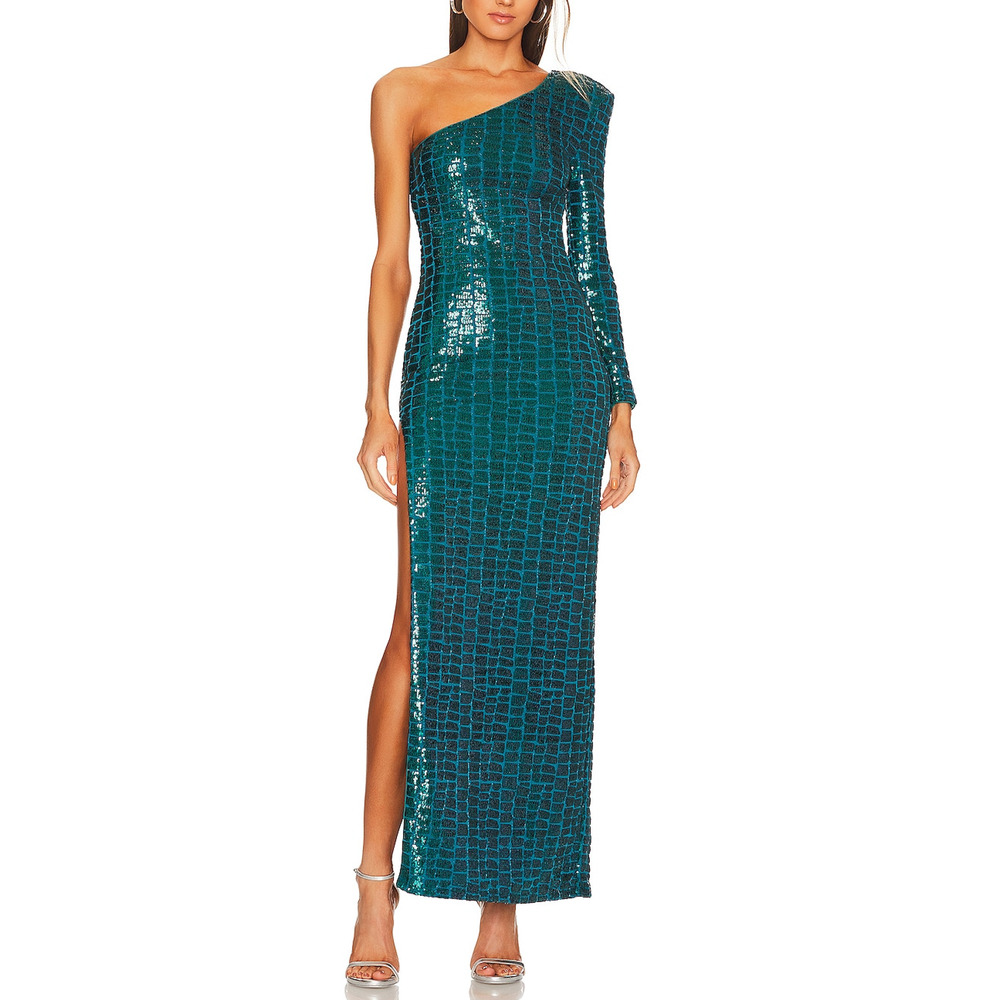 Michael Costello Teal Sequin One-Shoulder Gown